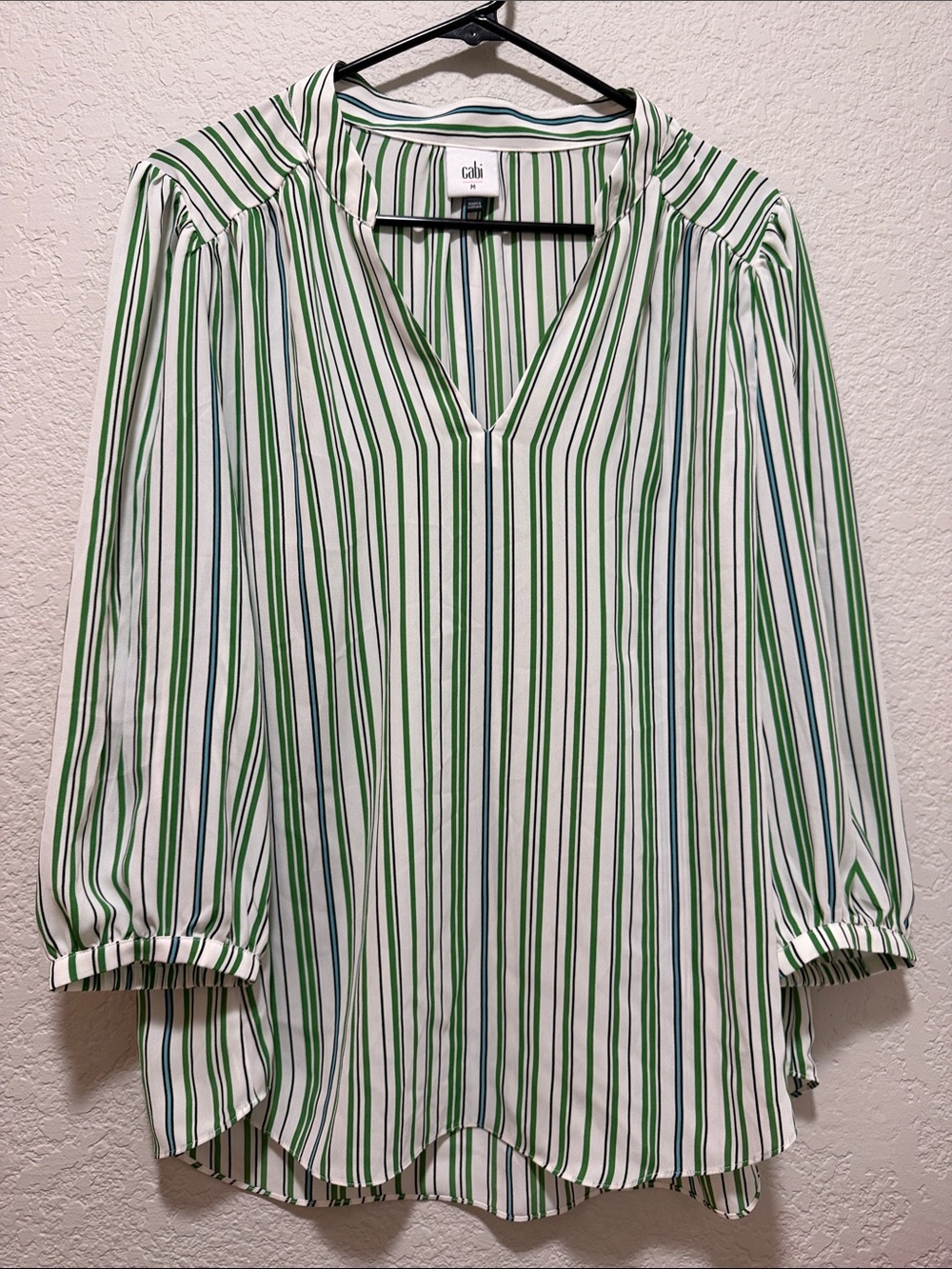 CAbi White Blouse with Green & Navy Stripes